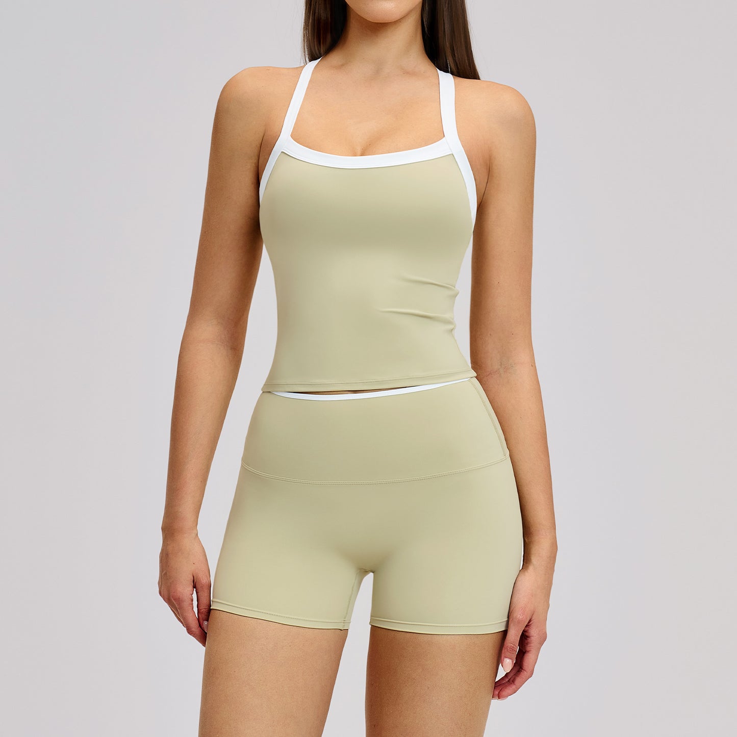 06/2025 Traje de yoga de color contrastante con espalda cruzada, traje de yoga ajustado, traje deportivo de fitness para correr para mujer 2027