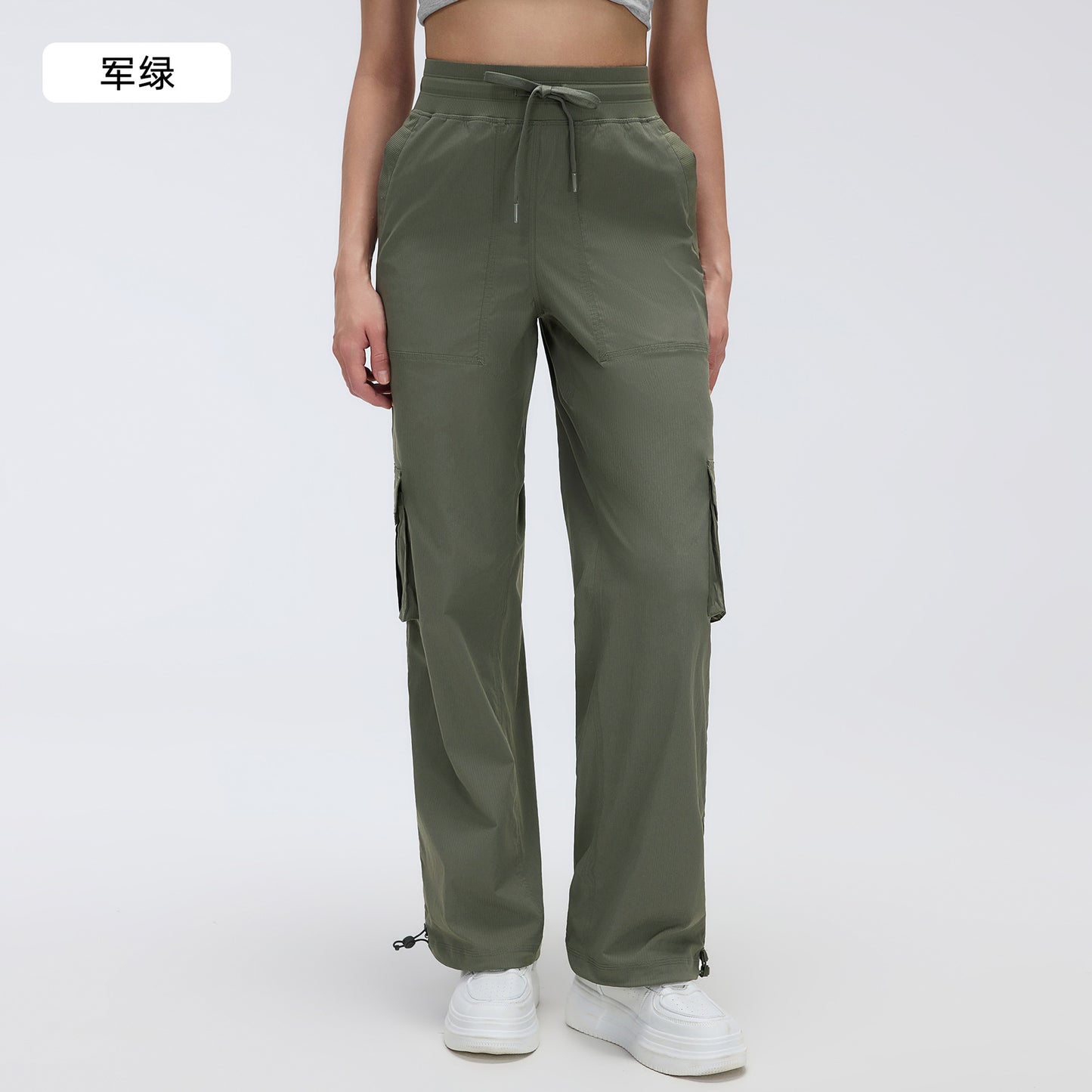 12/2024 Nuevo pantalón de correr al aire libre ligero de secado rápido para mujer con cordón, bolsillo grande, pierna ancha, estilo cargo casual D25001