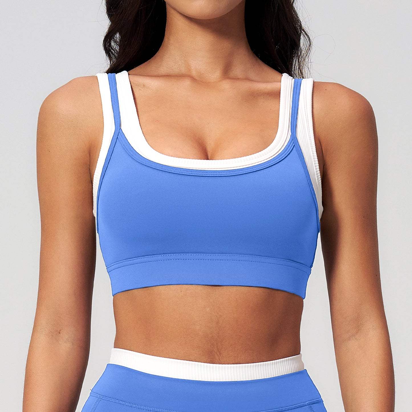 10/2025 Faux two-piece sports bra, ribbed color-blocked yoga bra, running fitness sports bra 3129
