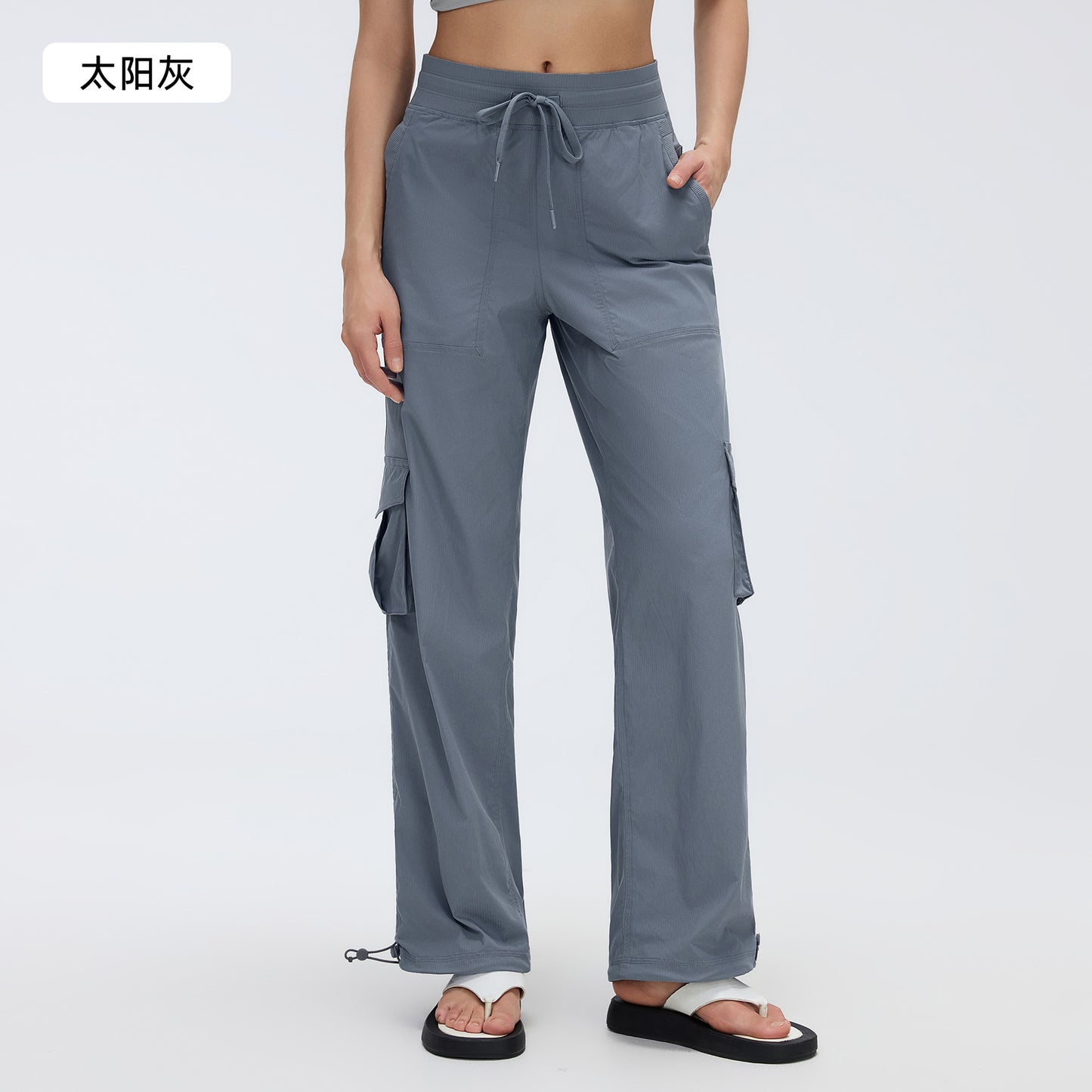 12/2024 Nuevo pantalón de correr al aire libre ligero de secado rápido para mujer con cordón, bolsillo grande, pierna ancha, estilo cargo casual D25001