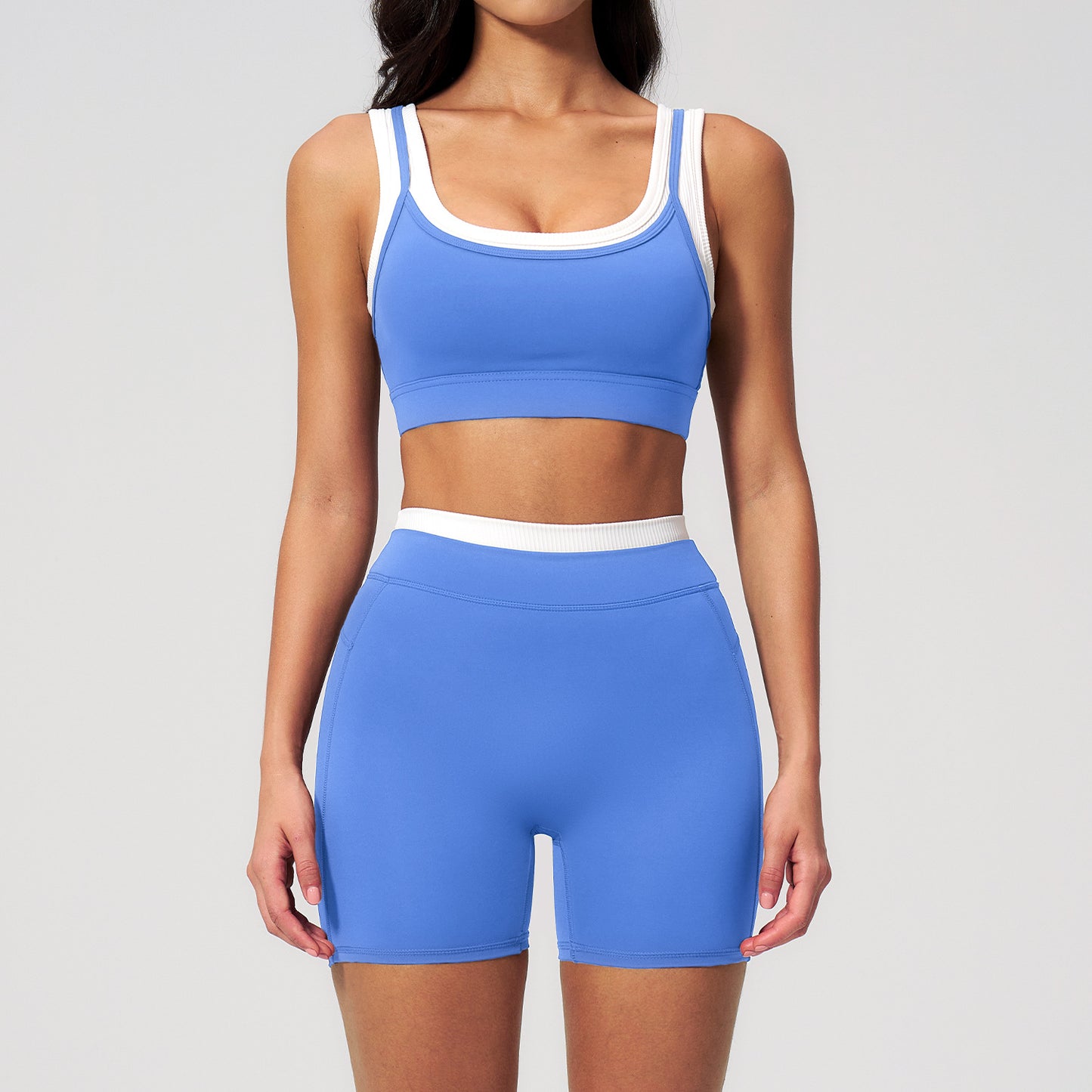 10/2025  TZ3129 link-1 Two-piece color-blocked nude-feel yoga set for women, ribbed high-waisted casual versatile fitness sports set 3129
