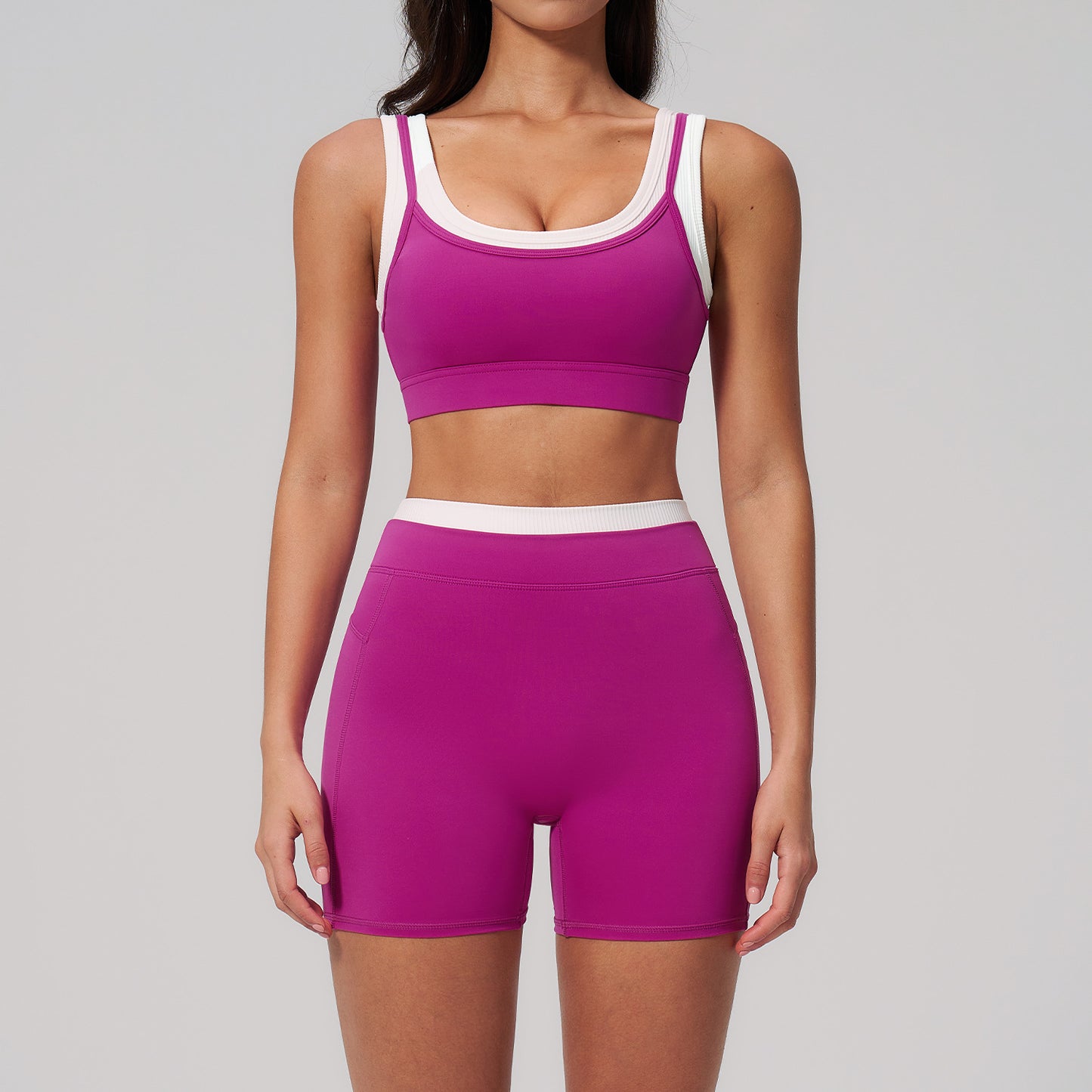 10/2025  TZ3129 link-1 Two-piece color-blocked nude-feel yoga set for women, ribbed high-waisted casual versatile fitness sports set 3129
