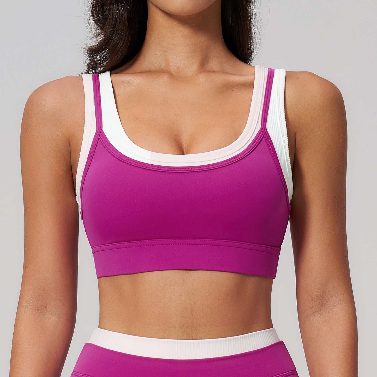 10/2025 Faux two-piece sports bra, ribbed color-blocked yoga bra, running fitness sports bra 3129