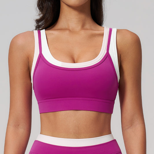 10/2025 Faux two-piece sports bra, ribbed color-blocked yoga bra, running fitness sports bra 3129