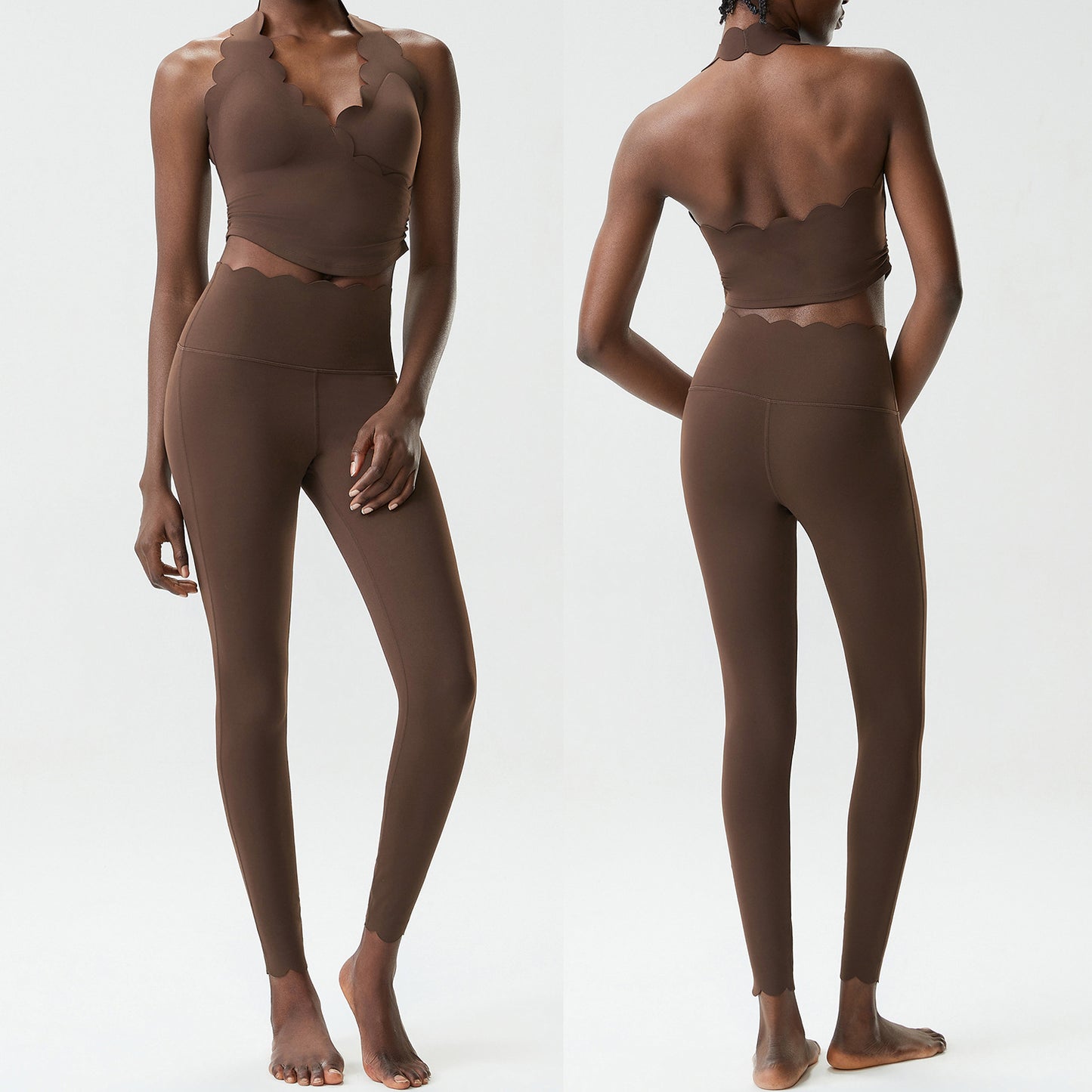 01/2026 Conjunto de ropa de yoga de talla grande, ajustado, con cuello halter y un sutil toque nude, conjunto deportivo de dos piezas para mujer.