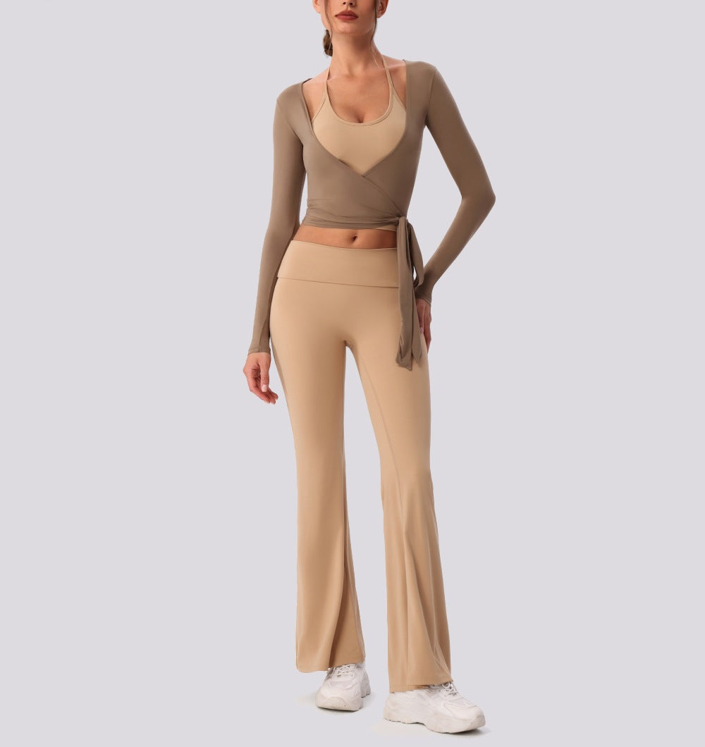 Wholesale 3-Piece Yoga Set | Halter Tank with Bra & Flare Pants | FOUREGG