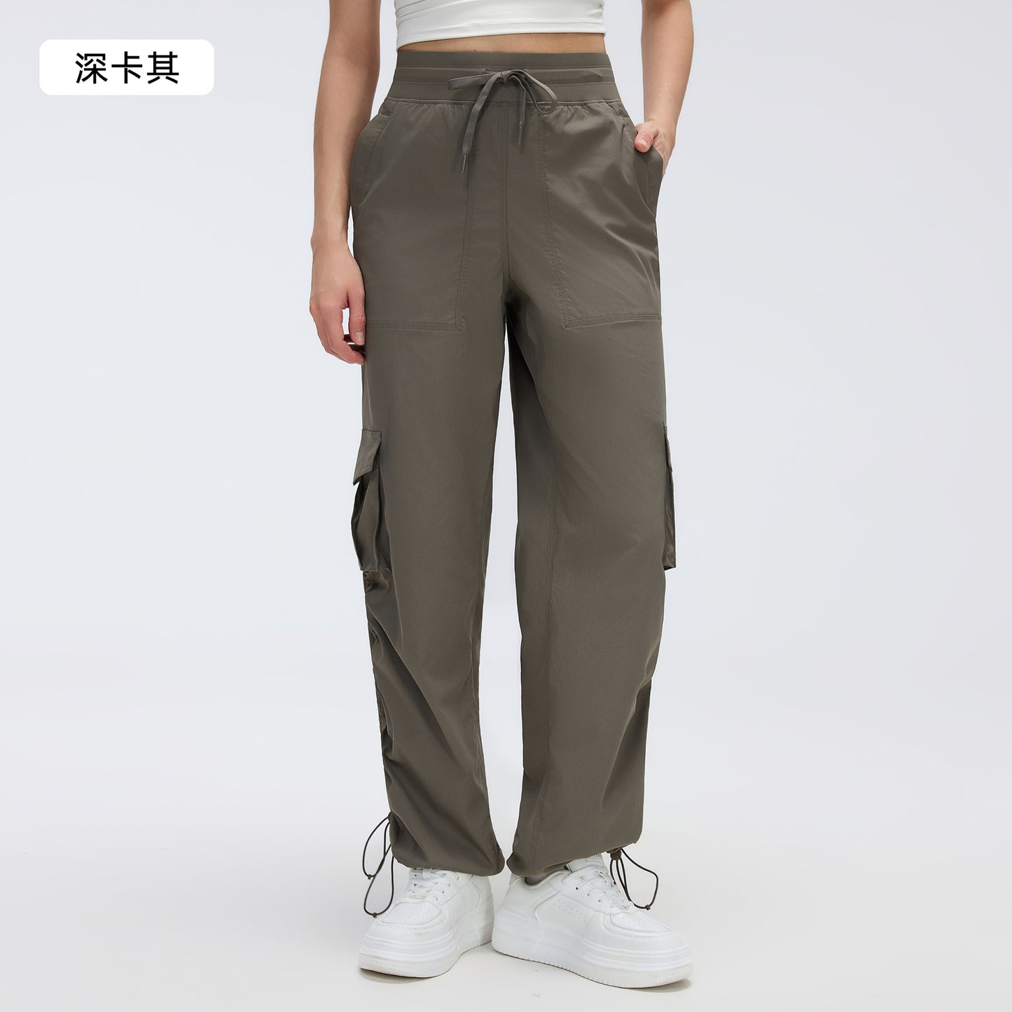 12/2024 Nuevo pantalón de correr al aire libre ligero de secado rápido para mujer con cordón, bolsillo grande, pierna ancha, estilo cargo casual D25001
