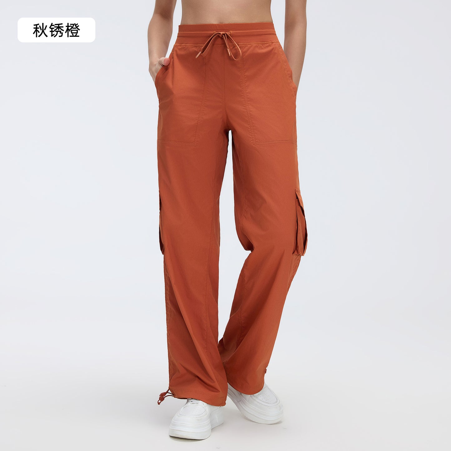 12/2024 Nuevo pantalón de correr al aire libre ligero de secado rápido para mujer con cordón, bolsillo grande, pierna ancha, estilo cargo casual D25001