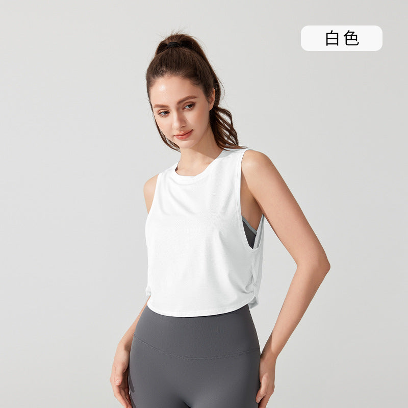 02/2025 Summer light breathable quick drying yoga vest short hollowed-out twist sleeveless Lyocell fitness sports top for women