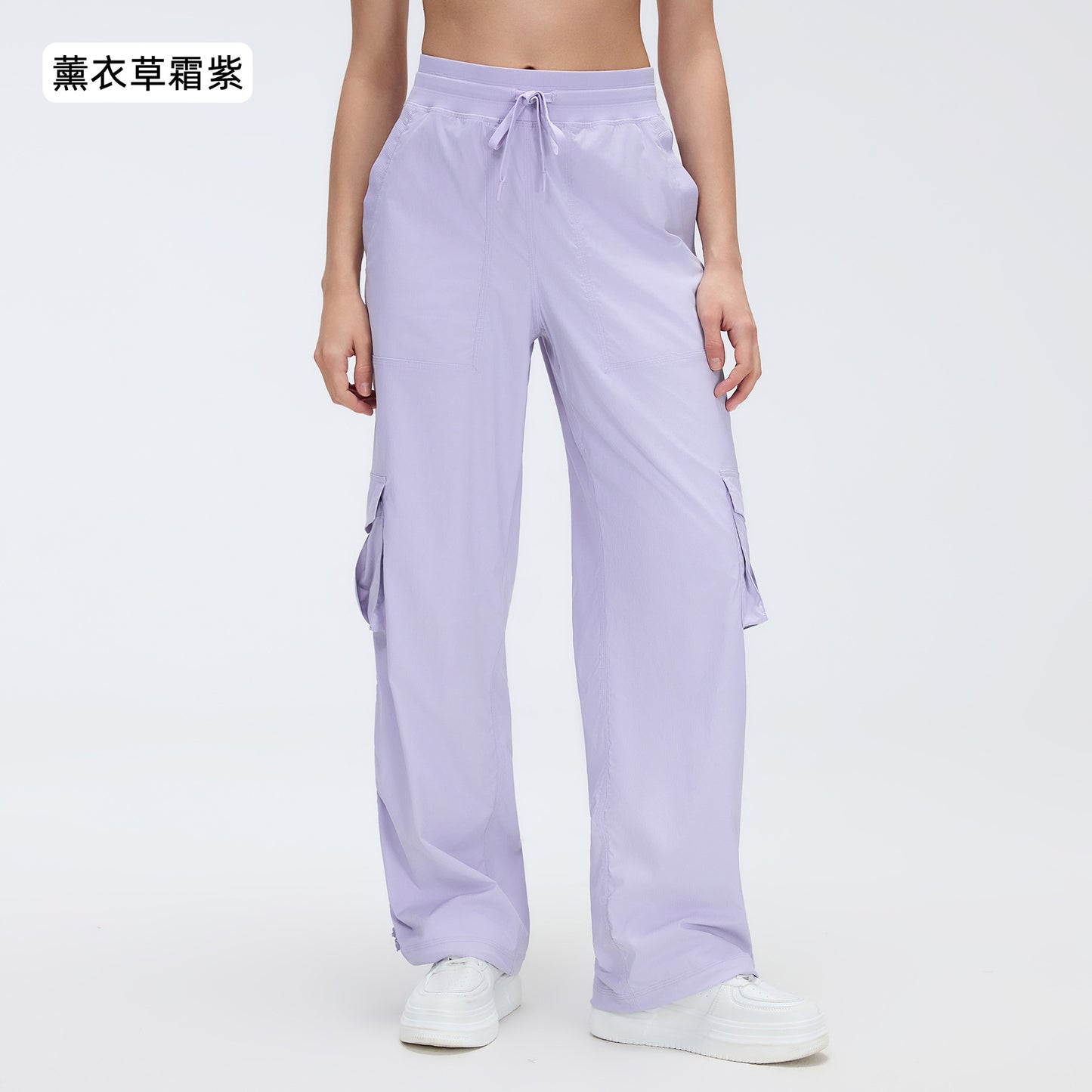 12/2024 Nuevo pantalón de correr al aire libre ligero de secado rápido para mujer con cordón, bolsillo grande, pierna ancha, estilo cargo casual D25001