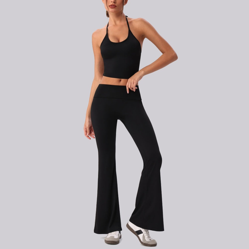 Wholesale 3-Piece Yoga Set | Halter Tank with Bra & Flare Pants | FOUREGG
