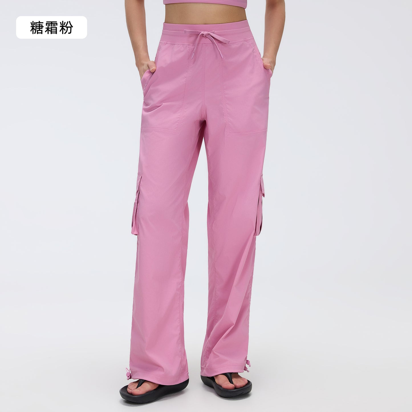 12/2024 Nuevo pantalón de correr al aire libre ligero de secado rápido para mujer con cordón, bolsillo grande, pierna ancha, estilo cargo casual D25001