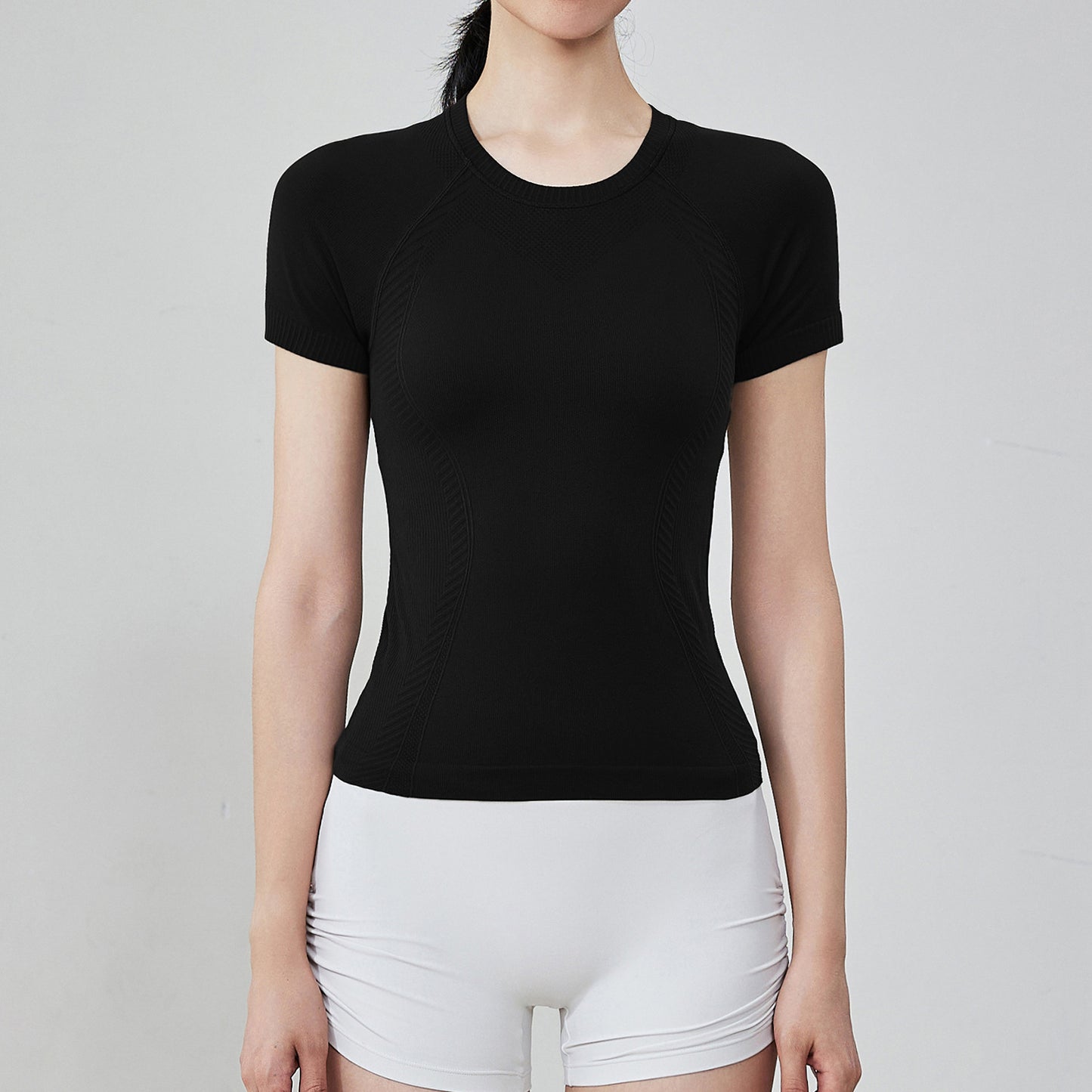 06/2025 Camiseta de yoga entallada de brocado completo para mujer, top deportivo transpirable de verano de manga corta para correr y fitness, ropa de yoga sin costuras absorbente del sudor