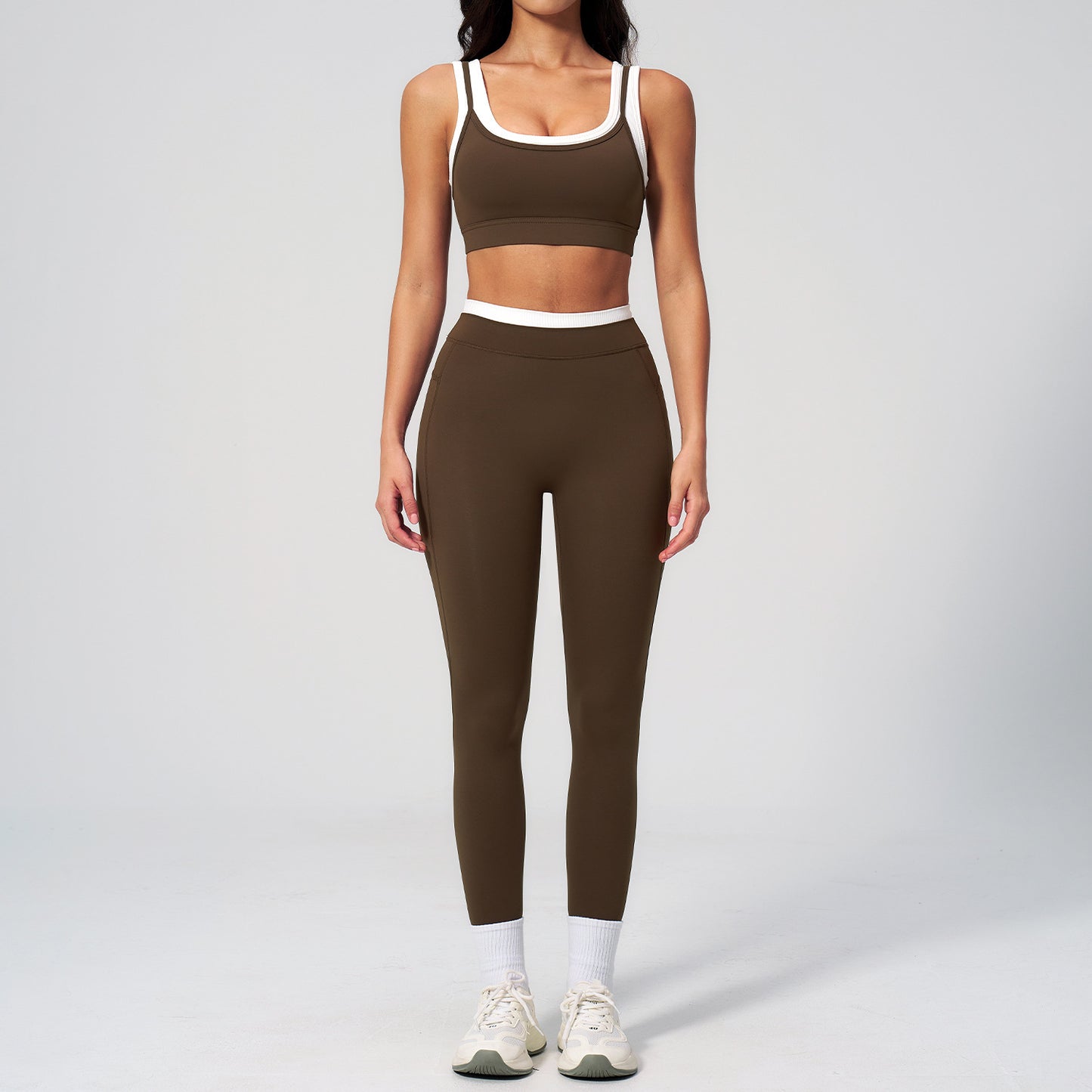 10/2025  TZ3129 link-1 Two-piece color-blocked nude-feel yoga set for women, ribbed high-waisted casual versatile fitness sports set 3129