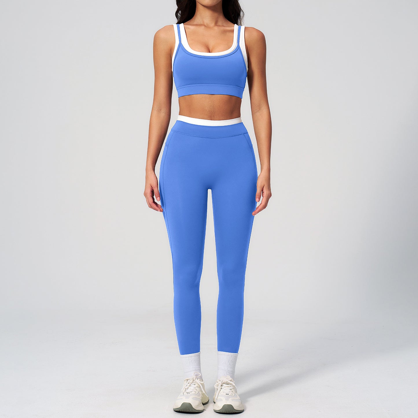 10/2025  TZ3129 link-1 Two-piece color-blocked nude-feel yoga set for women, ribbed high-waisted casual versatile fitness sports set 3129