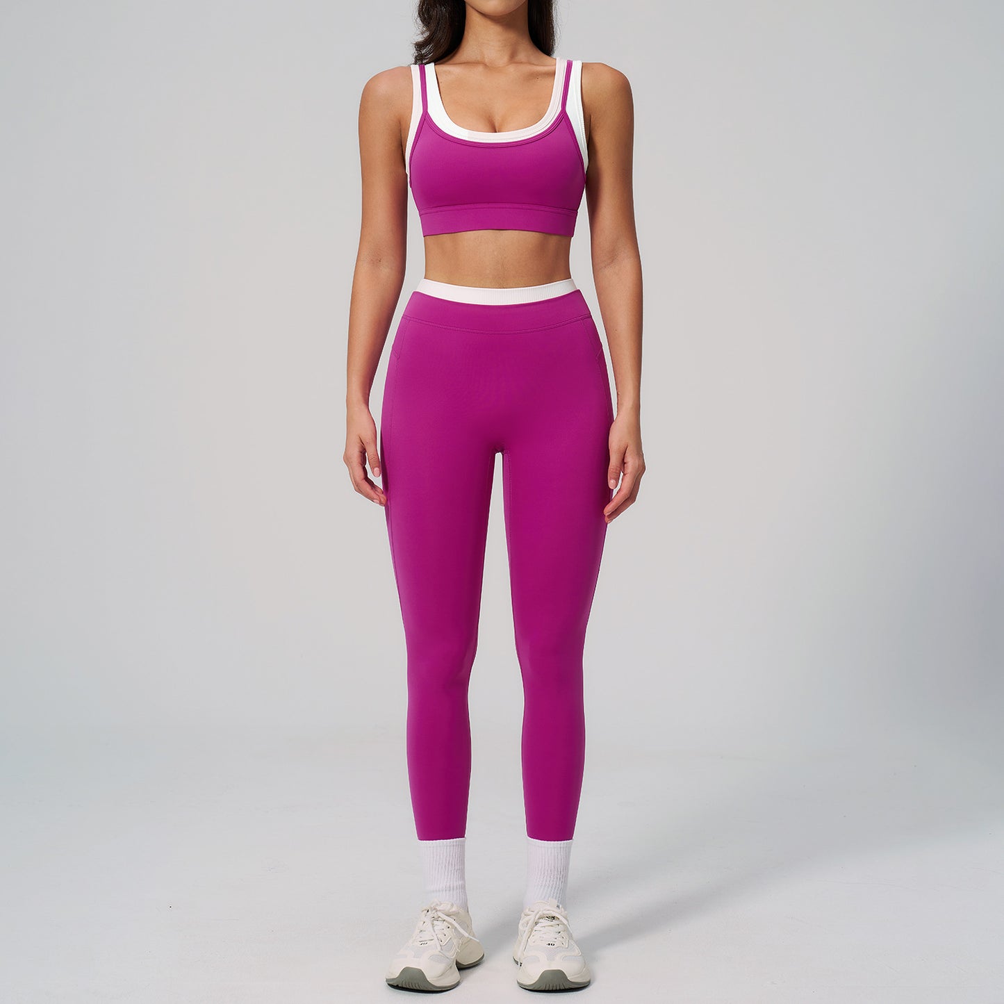 10/2025  TZ3129 link-1 Two-piece color-blocked nude-feel yoga set for women, ribbed high-waisted casual versatile fitness sports set 3129