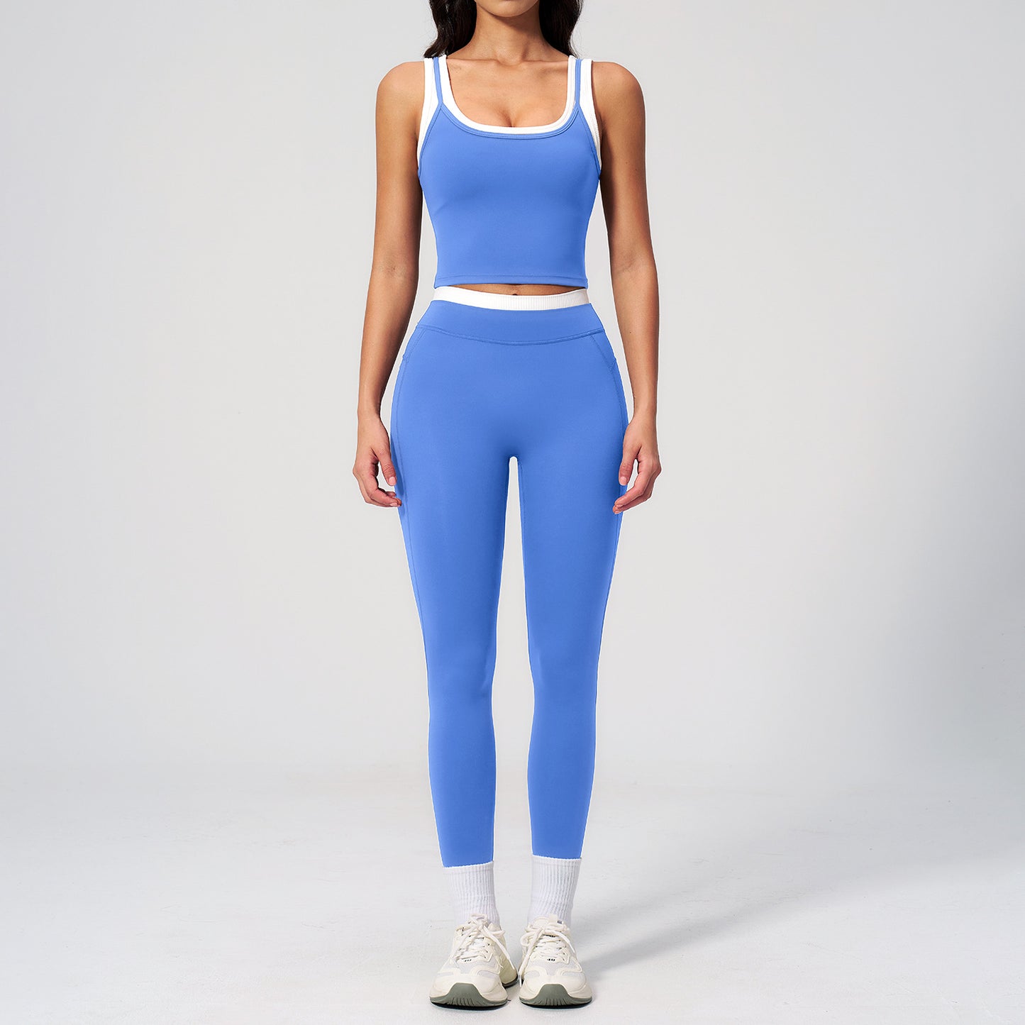 10/2025  TZ3129 link-1 Two-piece color-blocked nude-feel yoga set for women, ribbed high-waisted casual versatile fitness sports set 3129