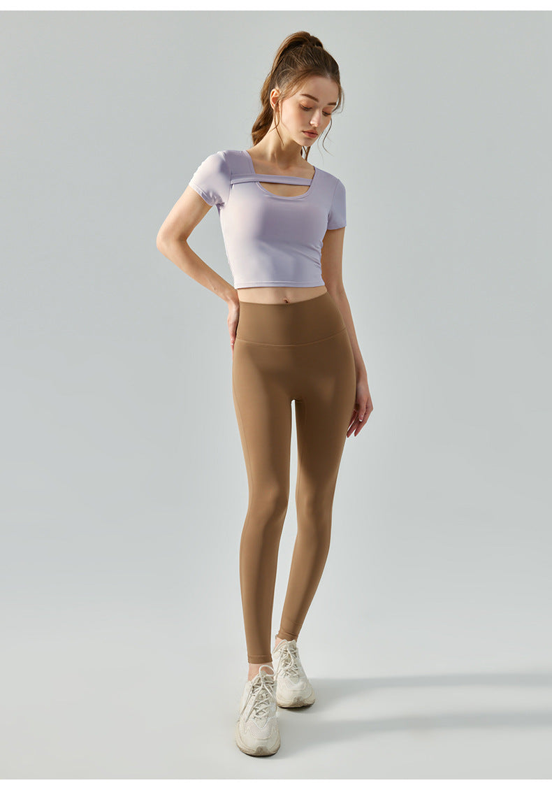 nude yoga short-sleeved women's one-piece sports t shirts with chest pad neckline horizontal belt fitness T-shirt