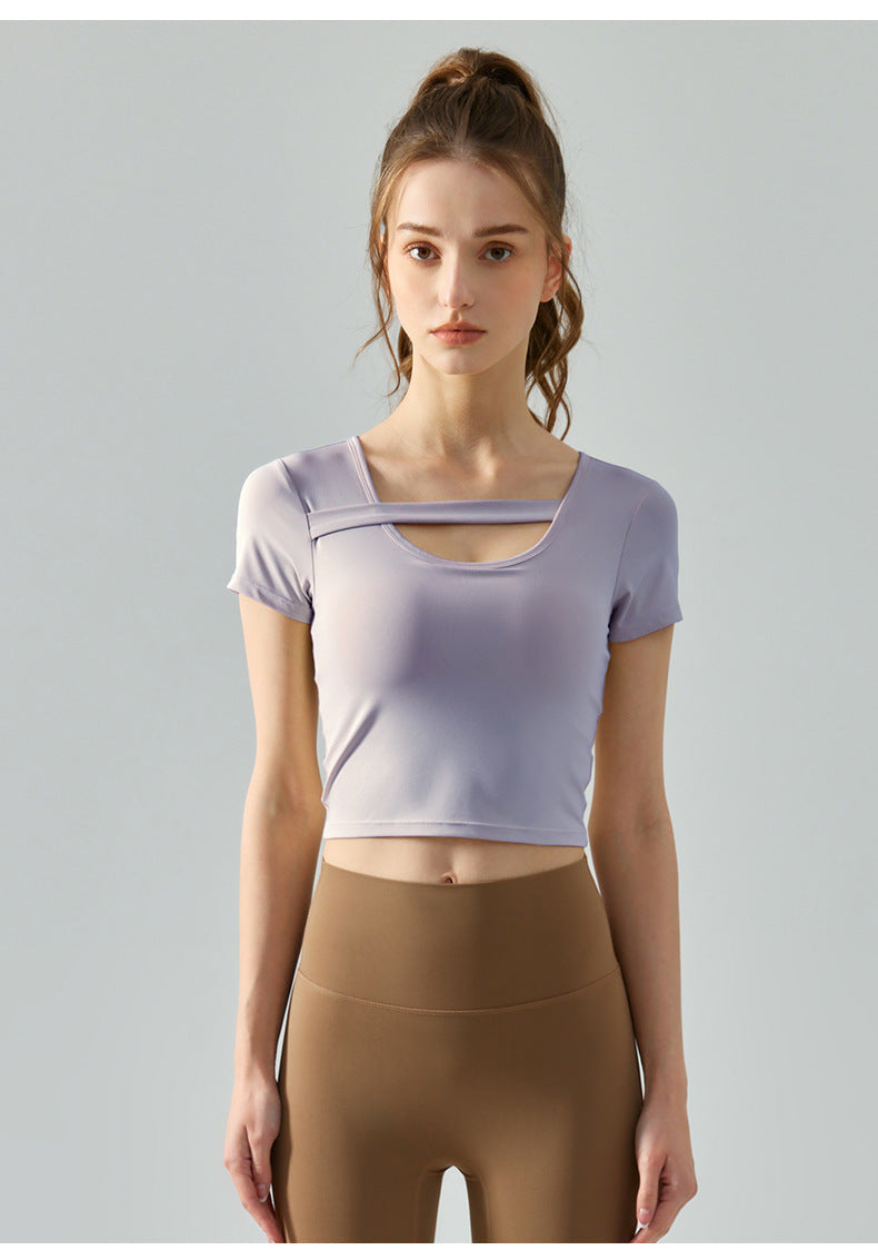 nude yoga short-sleeved women's one-piece sports t shirts with chest pad neckline horizontal belt fitness T-shirt