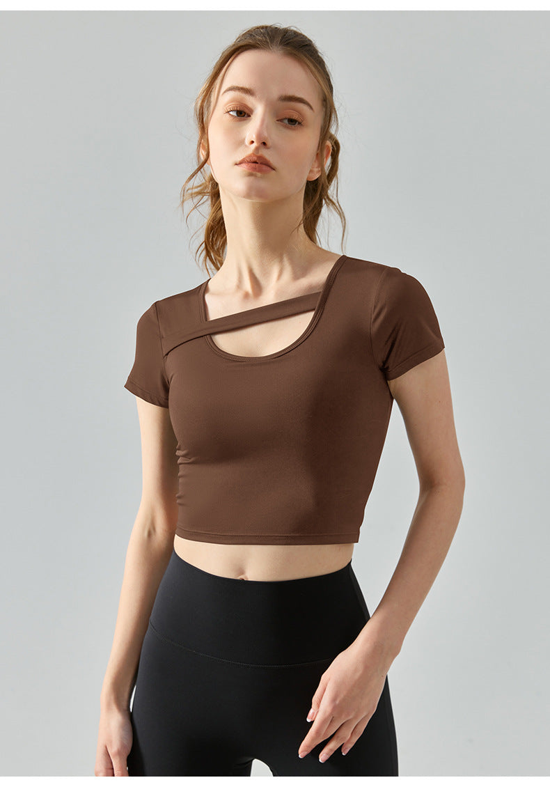 nude yoga short-sleeved women's one-piece sports t shirts with chest pad neckline horizontal belt fitness T-shirt