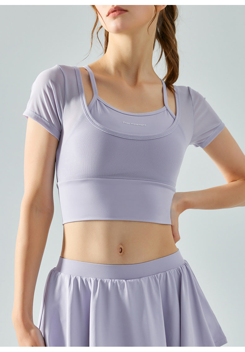 Mesh fake two-piece yoga short-sleeved women's one-piece chest pad sports T-shirt fitness clothes