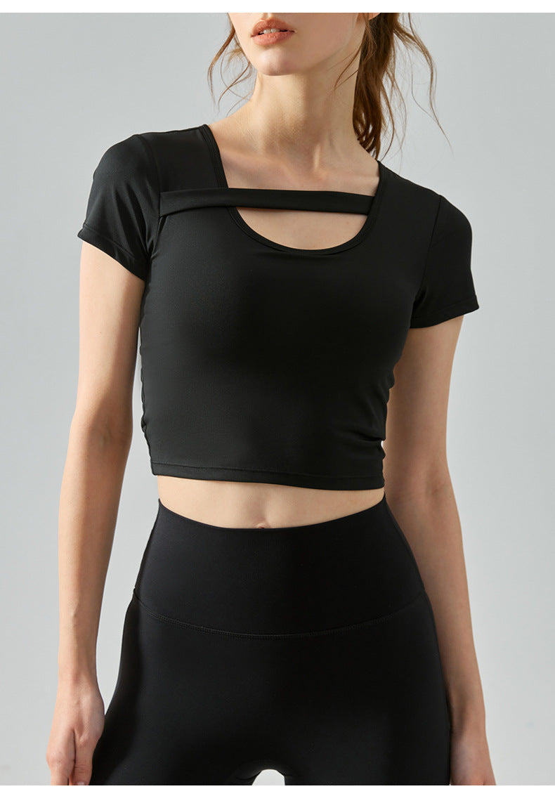 nude yoga short-sleeved women's one-piece sports t shirts with chest pad neckline horizontal belt fitness T-shirt