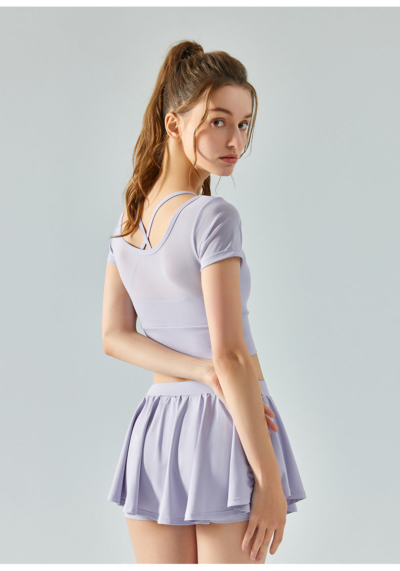 Mesh fake two-piece yoga short-sleeved women's one-piece chest pad sports T-shirt fitness clothes