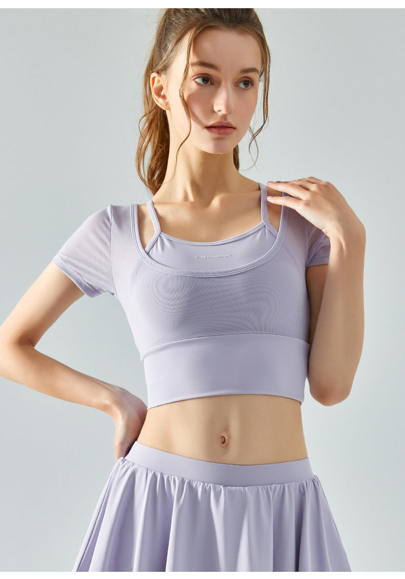 Mesh fake two-piece yoga short-sleeved women's one-piece chest pad sports T-shirt fitness clothes