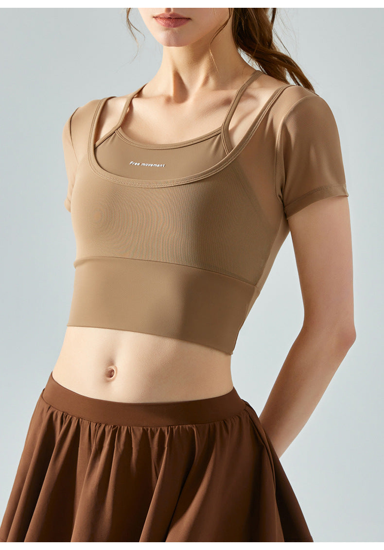 Mesh fake two-piece yoga short-sleeved women's one-piece chest pad sports T-shirt fitness clothes