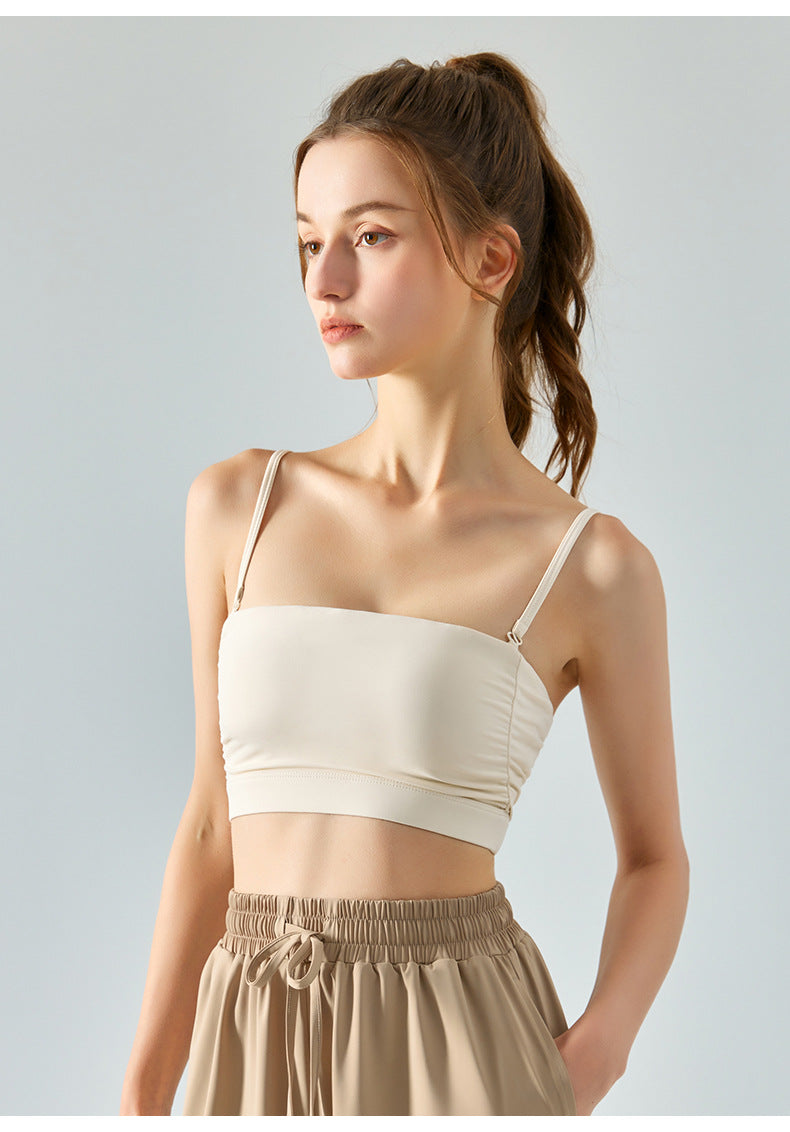 Multi-wear sports fitness vest with chest pad thin shoulder straps yoga bra solid color sling bra