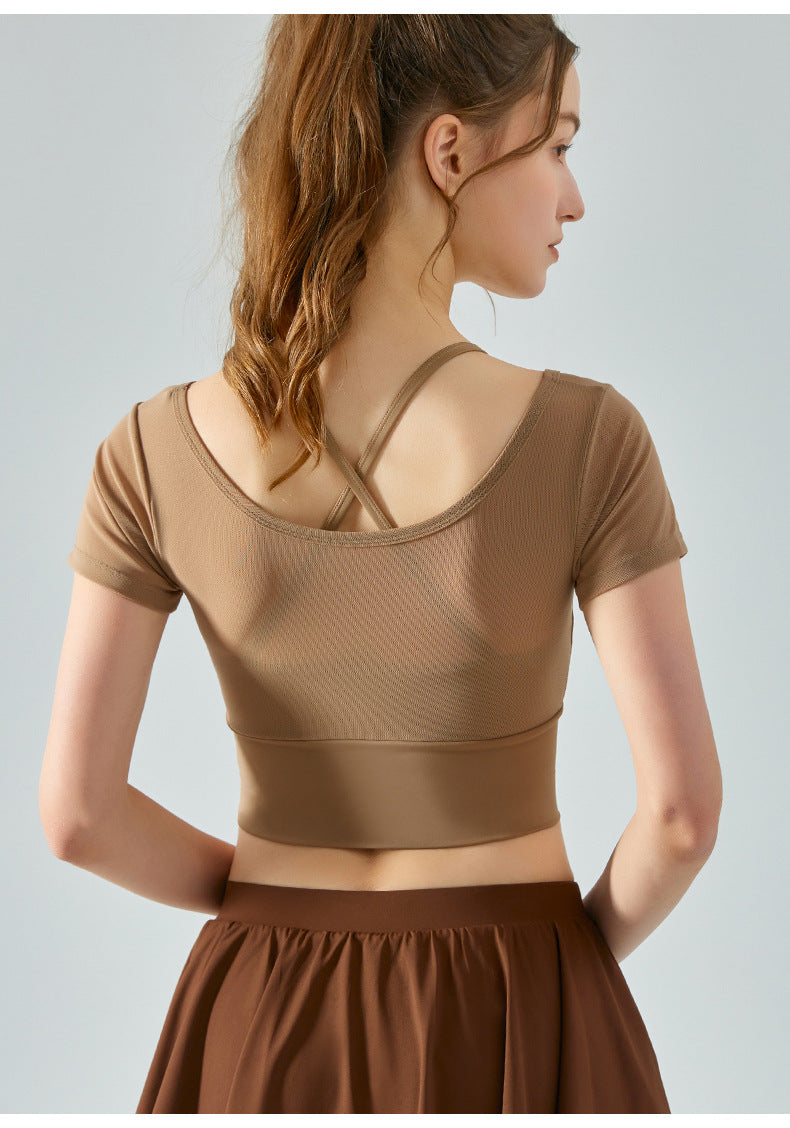 Mesh fake two-piece yoga short-sleeved women's one-piece chest pad sports T-shirt fitness clothes