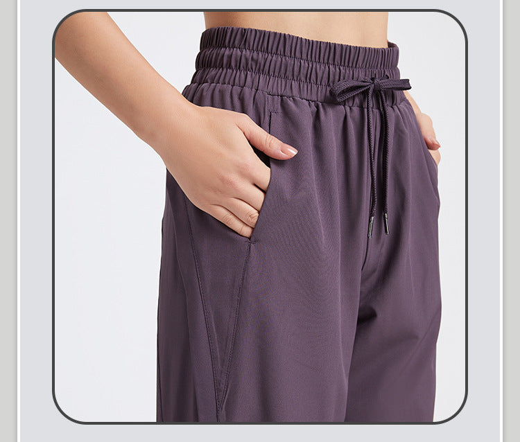 Loose covering meat beam wide leg sports pants women running fitness pocket high waist casual yoga pants