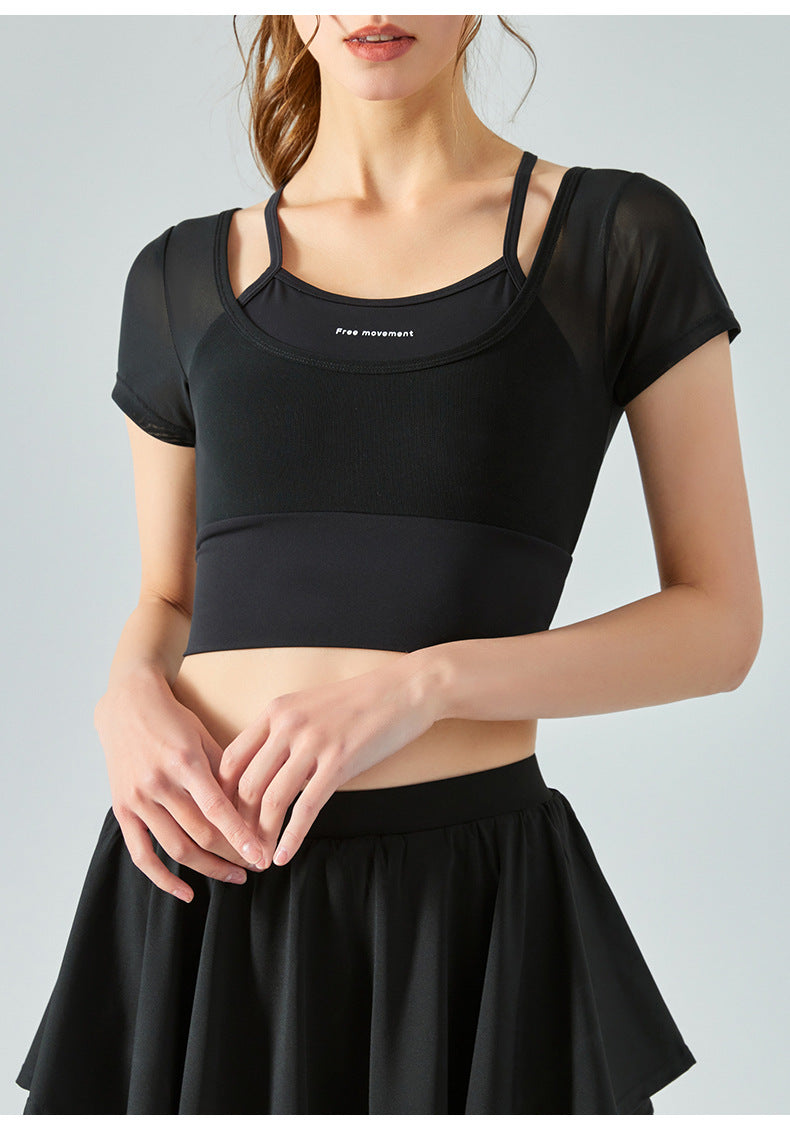 Mesh fake two-piece yoga short-sleeved women's one-piece chest pad sports T-shirt fitness clothes